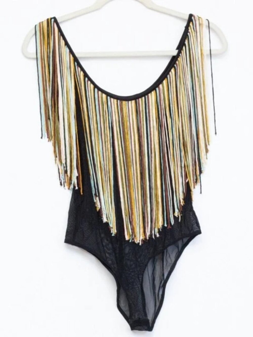 Bershka Mesh Bodysuit Multicolor Neckline Fringes Festival Ballroom Dancing Sz S